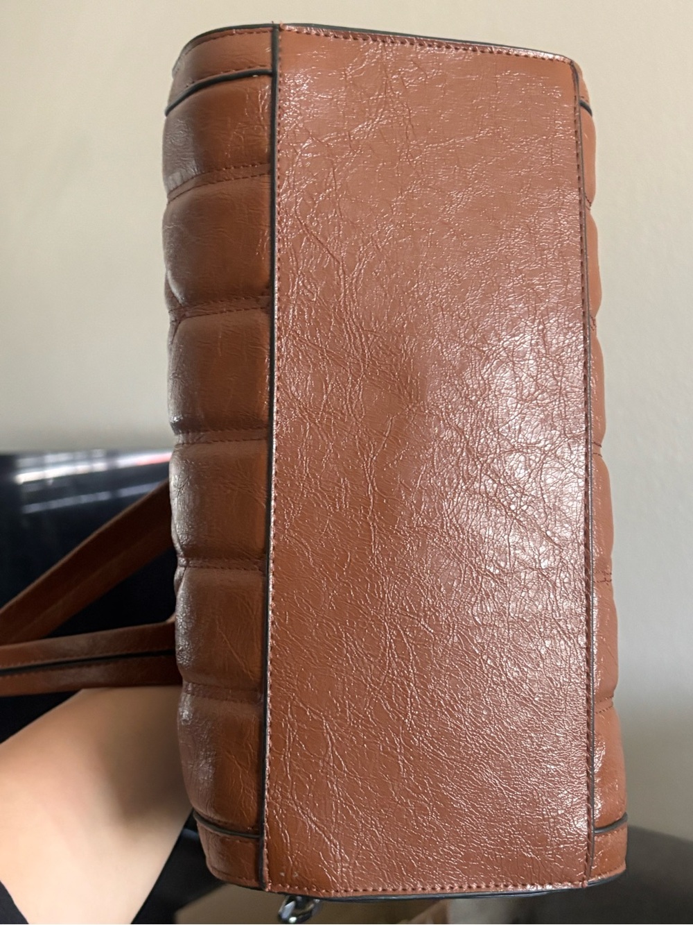 Steve Madden Quilted Brown Leather Tote with Chain Accent - Picture 3 of 5
